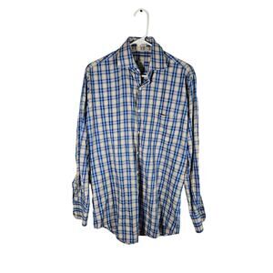 Peter‎ Millar Mens Medium Long Sleeve Plaid Blue Gold 100% Cotton